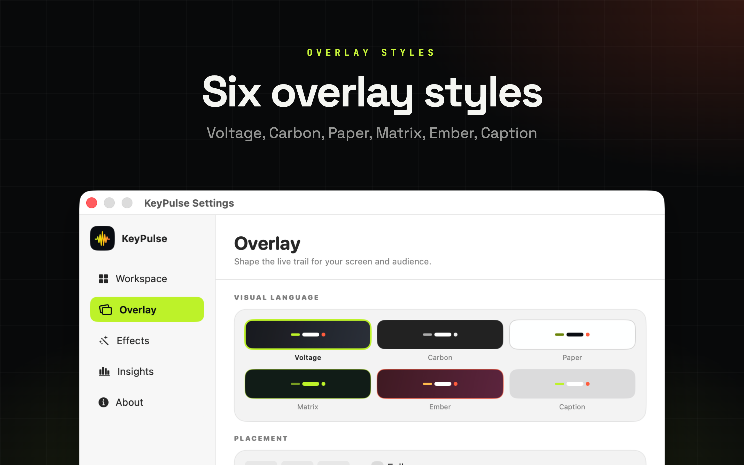 KeyPulse overlay styles - Voltage, Carbon, Paper, Matrix, Ember and Caption