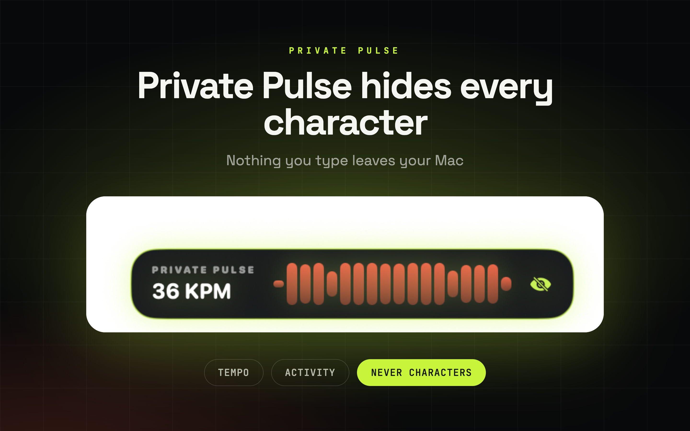 KeyPulse Private Pulse mode showing typing tempo without characters