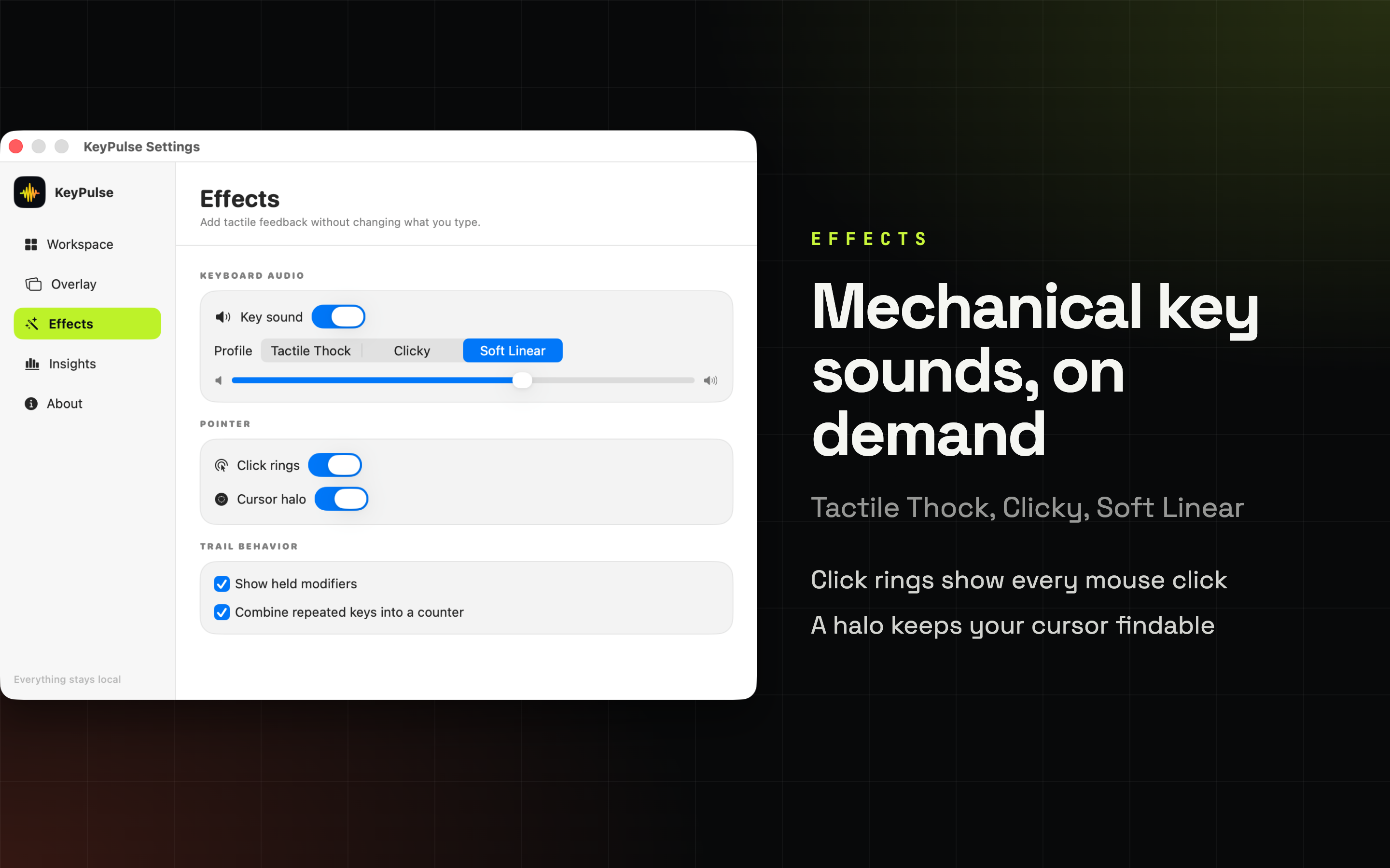 KeyPulse effects - mechanical key sounds, click rings and cursor halo