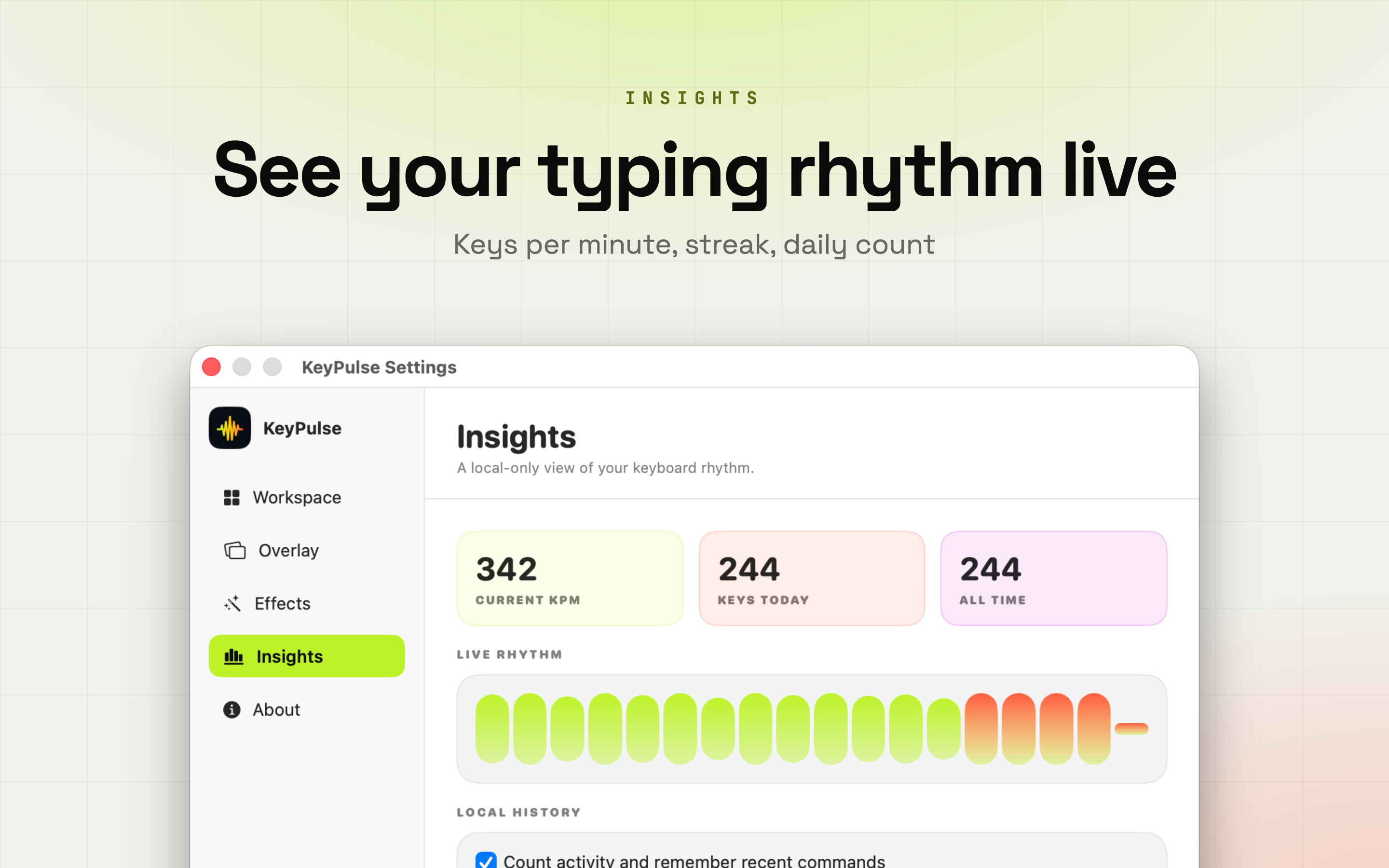 KeyPulse local insights - keys per minute, streak and daily counts