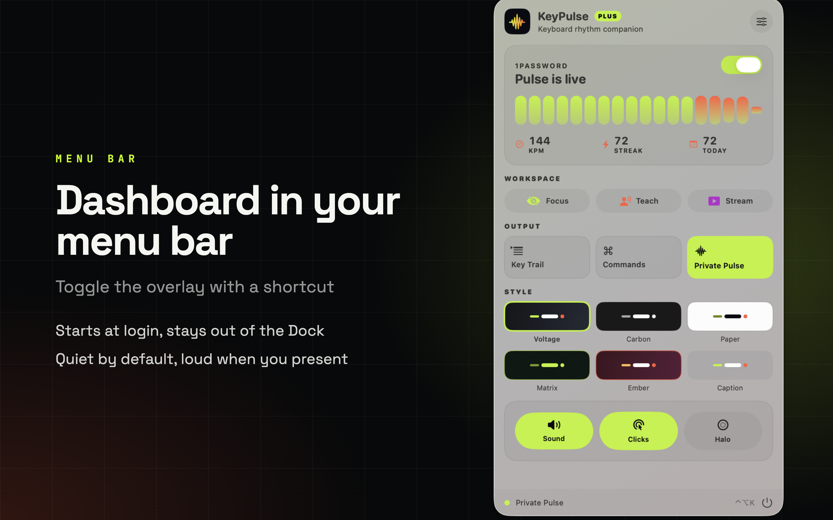 KeyPulse menu bar panel with live rhythm and quick controls