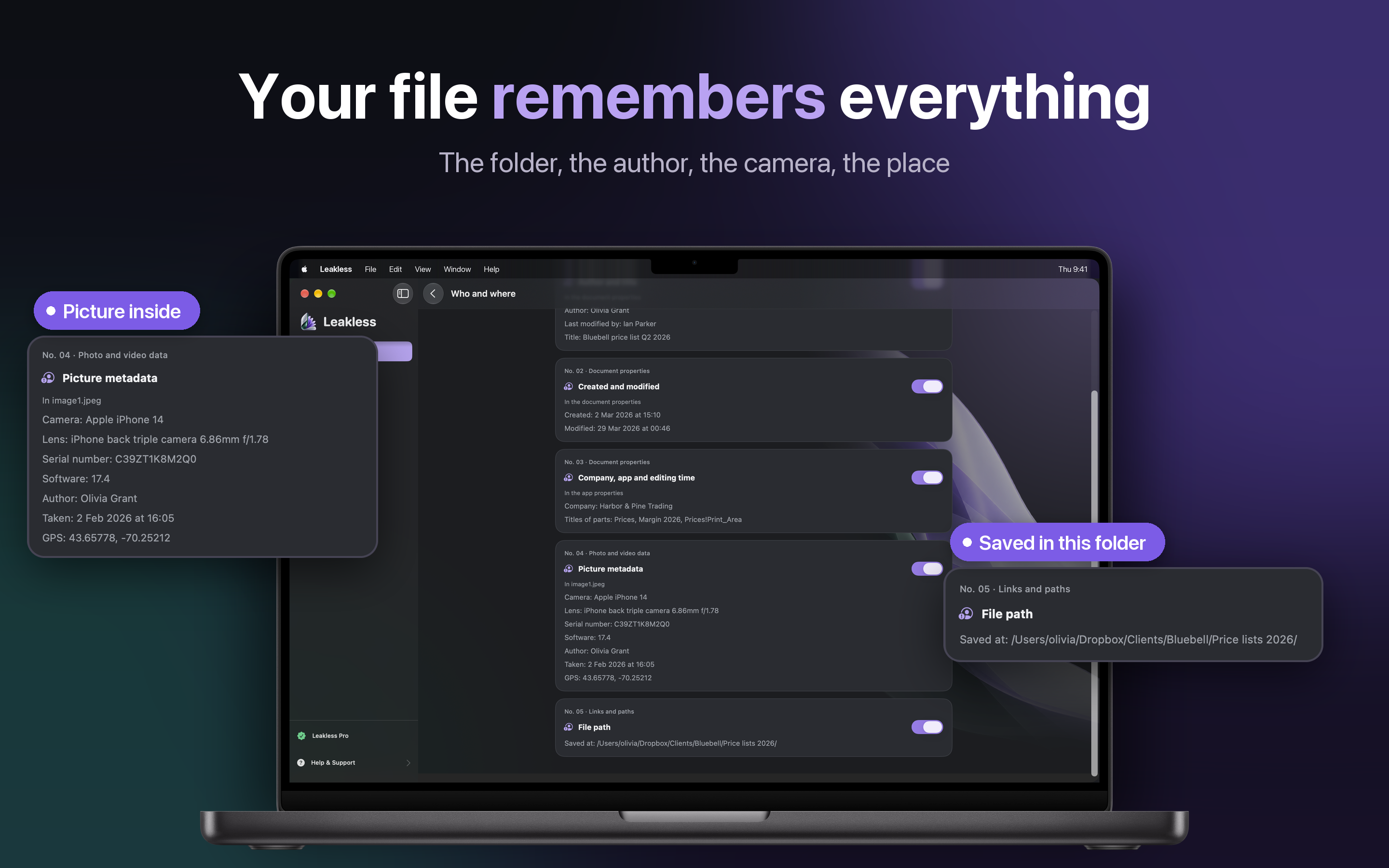 Leakless Who and where findings: author, company, editing time, camera and GPS of a picture inside a document, and the Dropbox folder the file was saved in