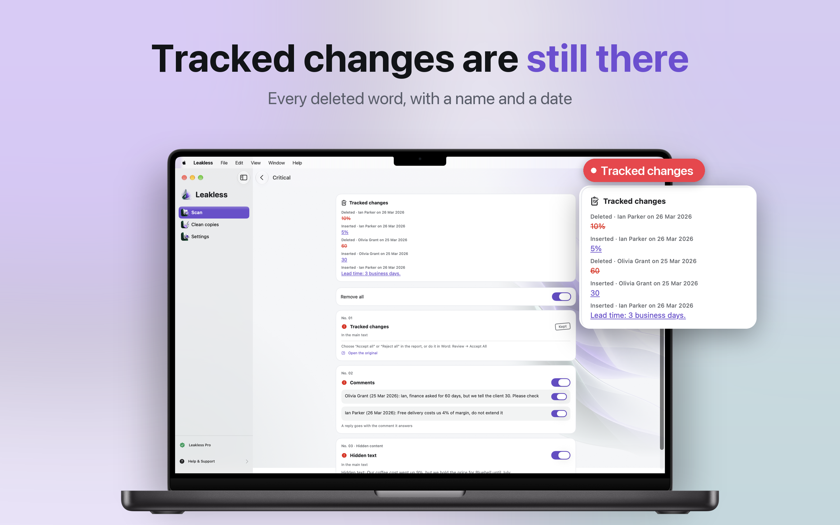 Leakless finding tracked changes in a Word document, each deleted and inserted word with a name and a date, plus comments and hidden text