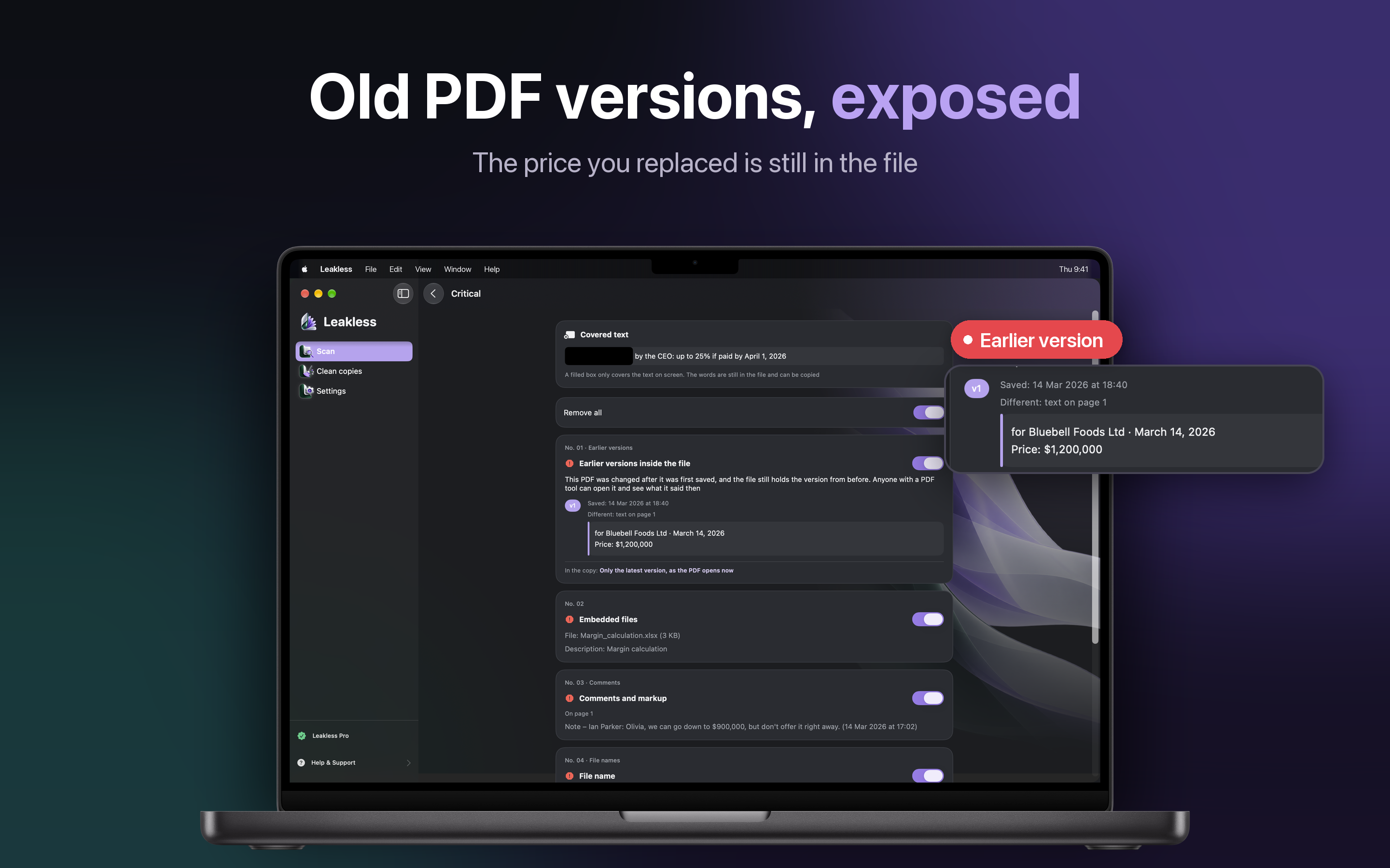 Leakless finding an earlier version saved inside a PDF with the old price, plus covered text, an embedded file and comments