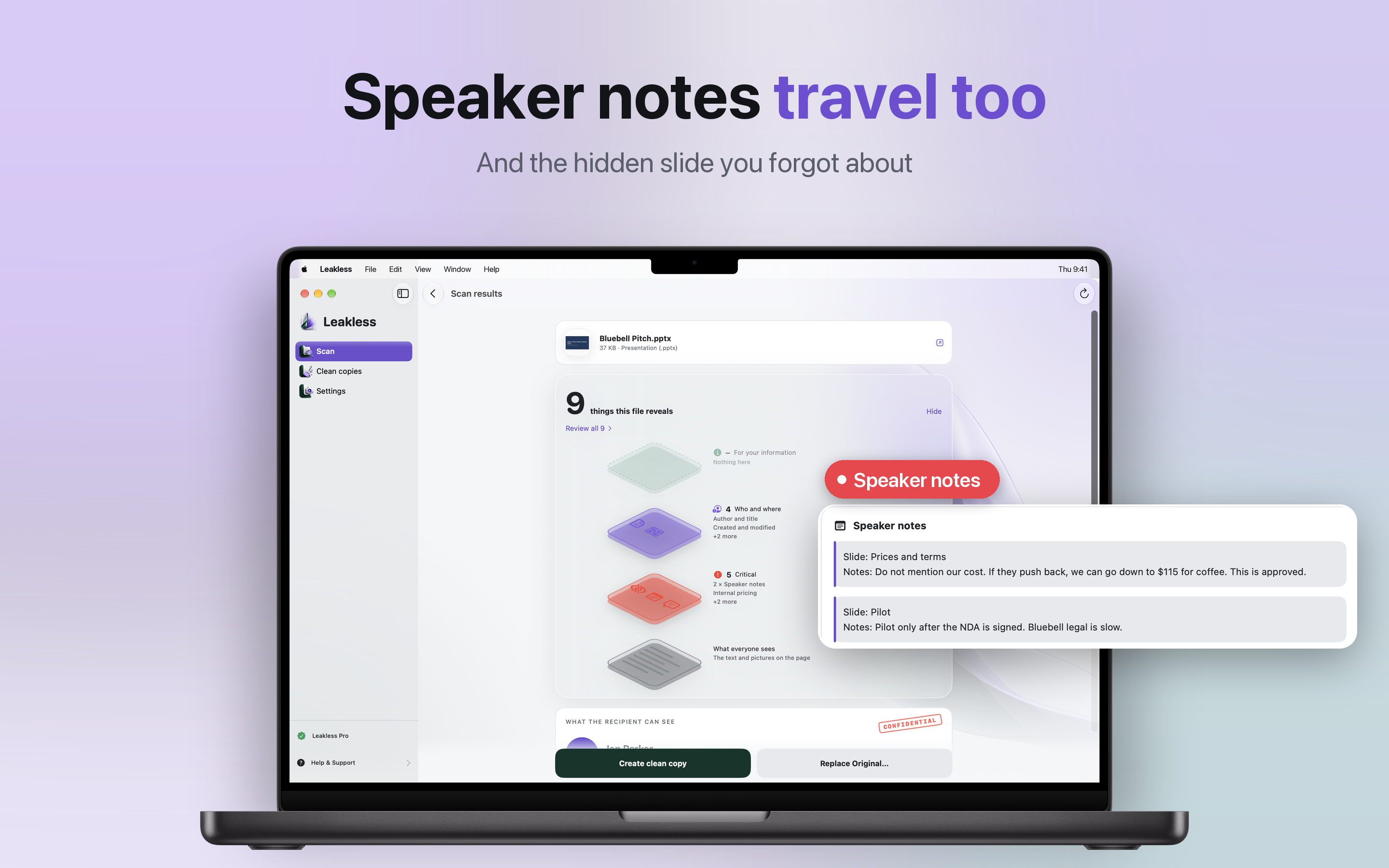 Leakless scan of a PowerPoint pitch deck revealing speaker notes with internal pricing