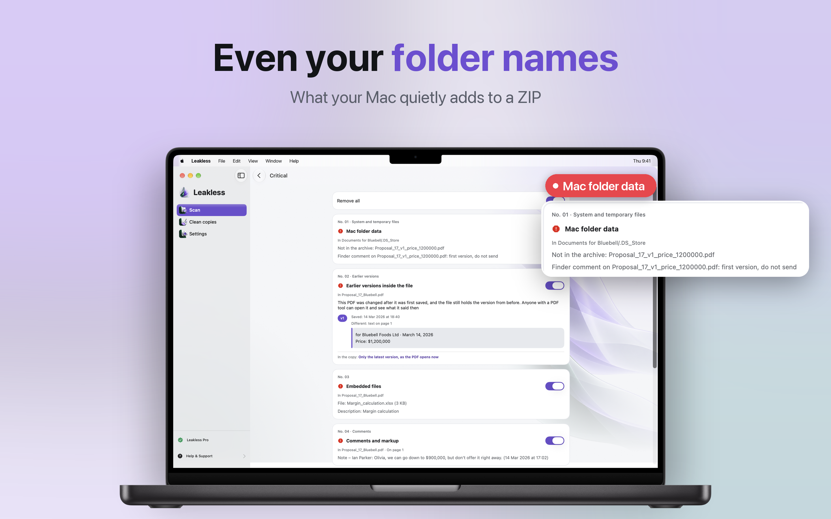 Leakless finding Mac folder data in a ZIP archive: a .DS_Store that lists a file not in the archive and its Finder comment
