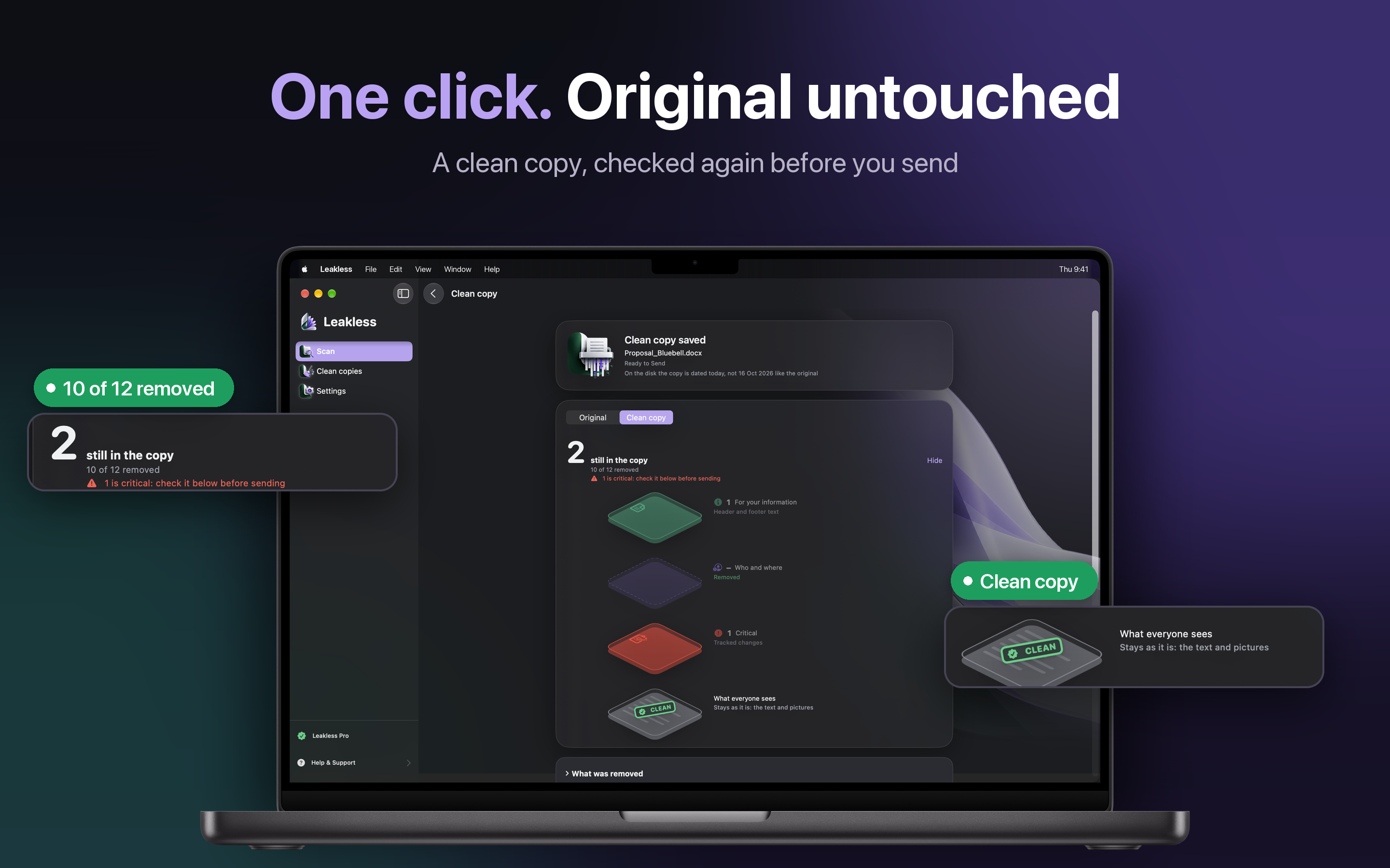 Leakless clean copy saved: 10 of 12 items removed, the copy checked again with one critical item left to review