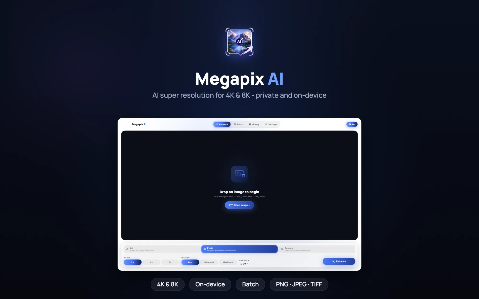 Megapix AI photo upscaler and image enhancer on Mac