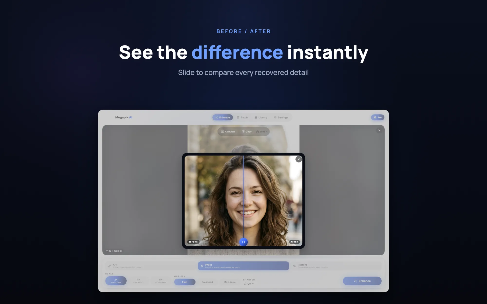 Megapix AI before and after compare slider