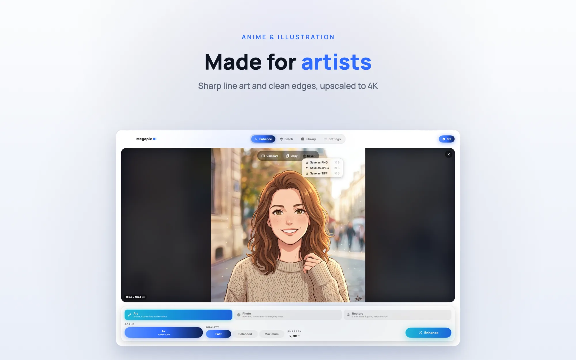 Megapix AI anime and illustration upscaling mode