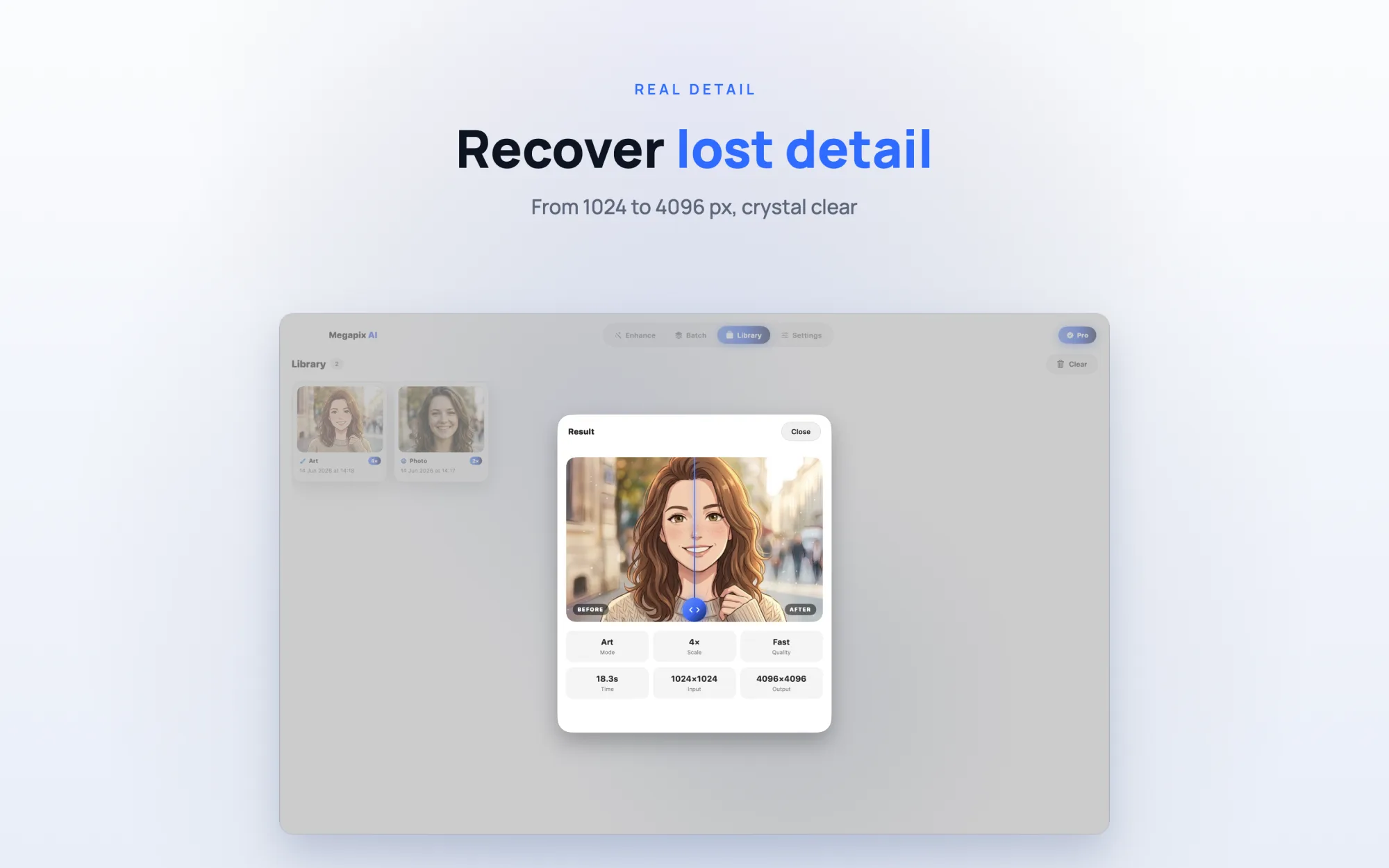 Megapix AI recovering lost detail from a low-resolution photo