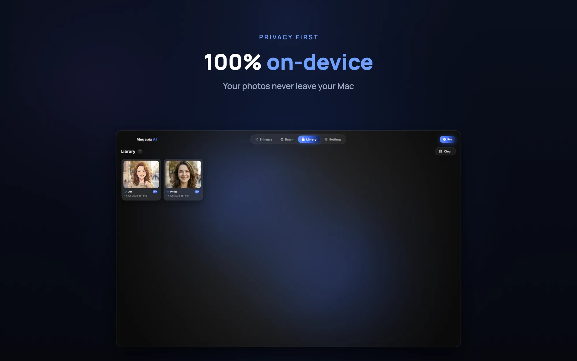 Megapix AI 100% on-device, private by design