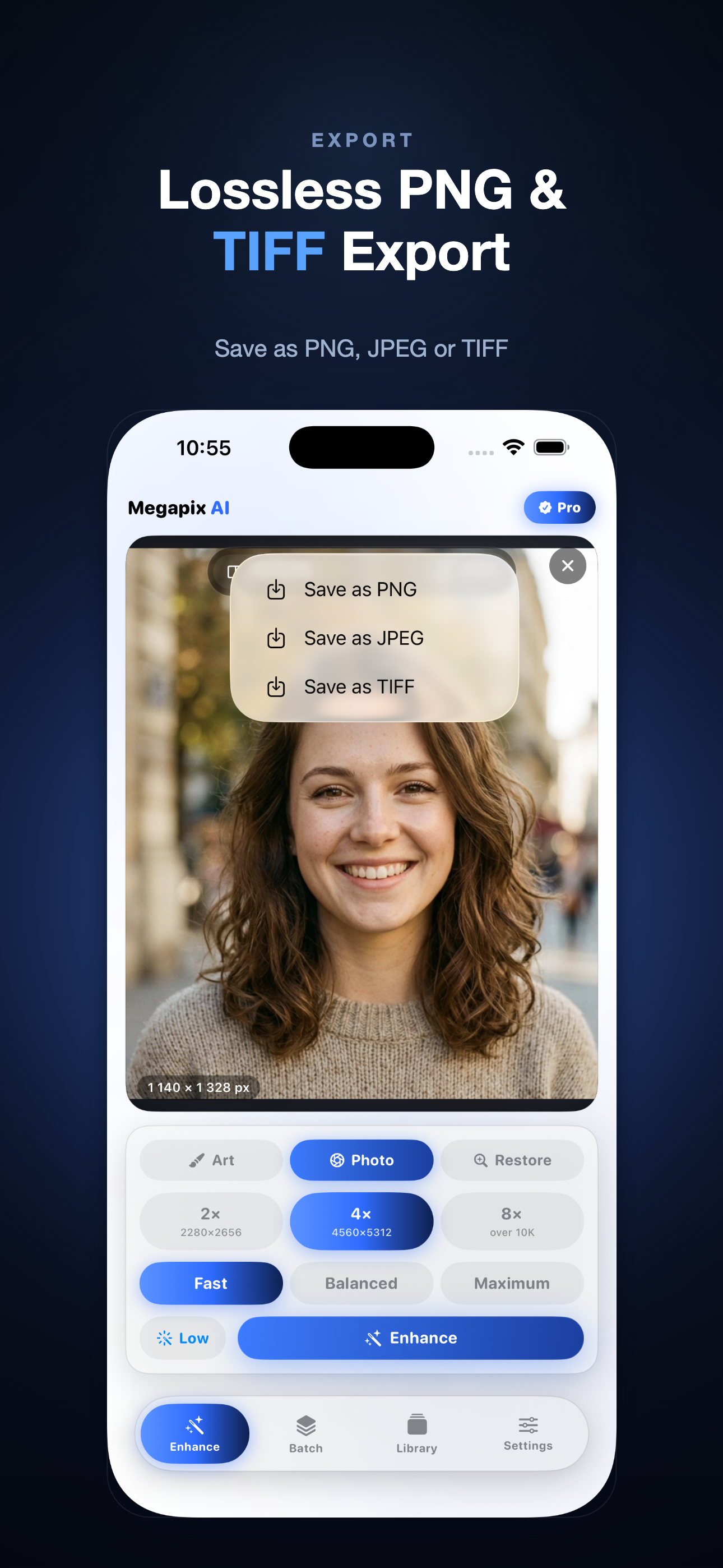 Megapix AI enhancement modes on iPhone
