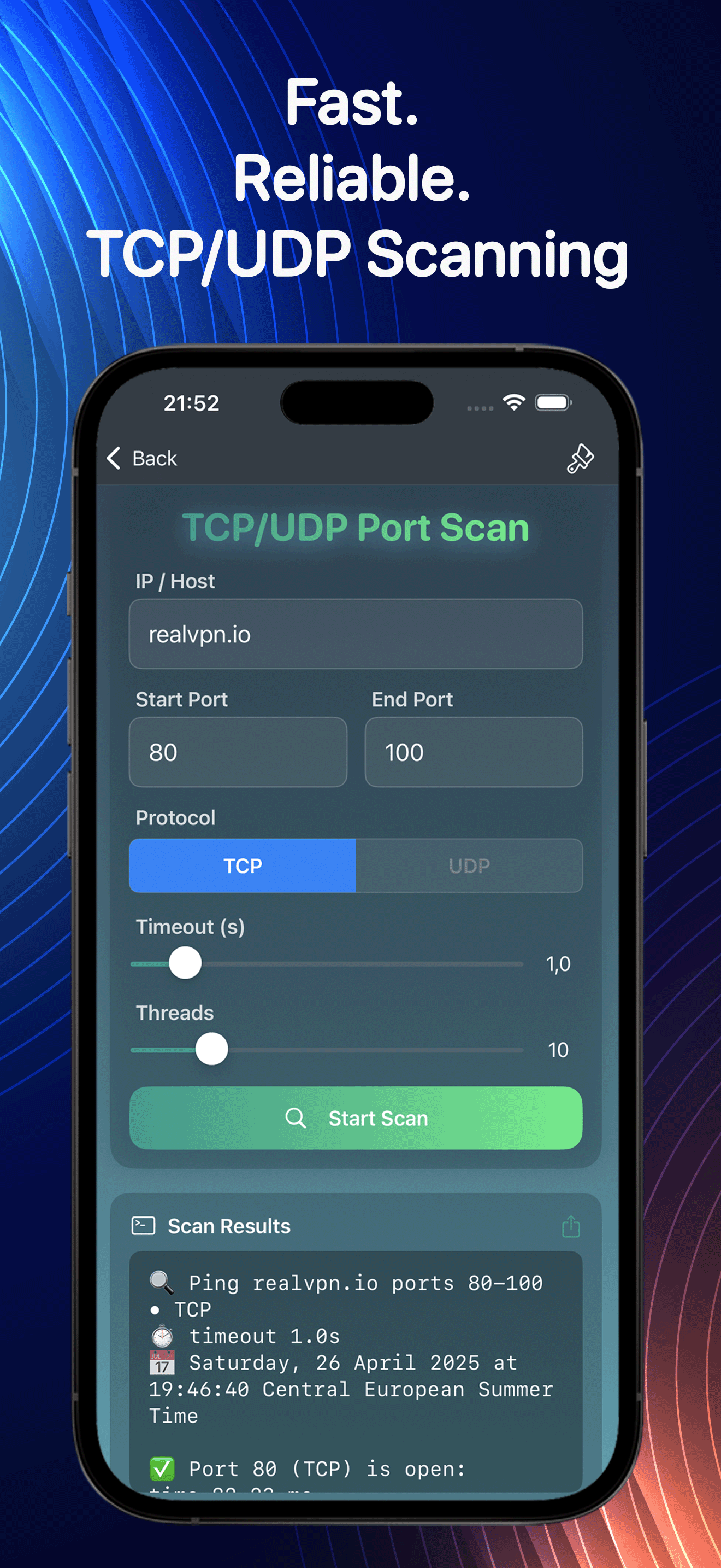Real Network Utilities Scanner port scan on iPhone