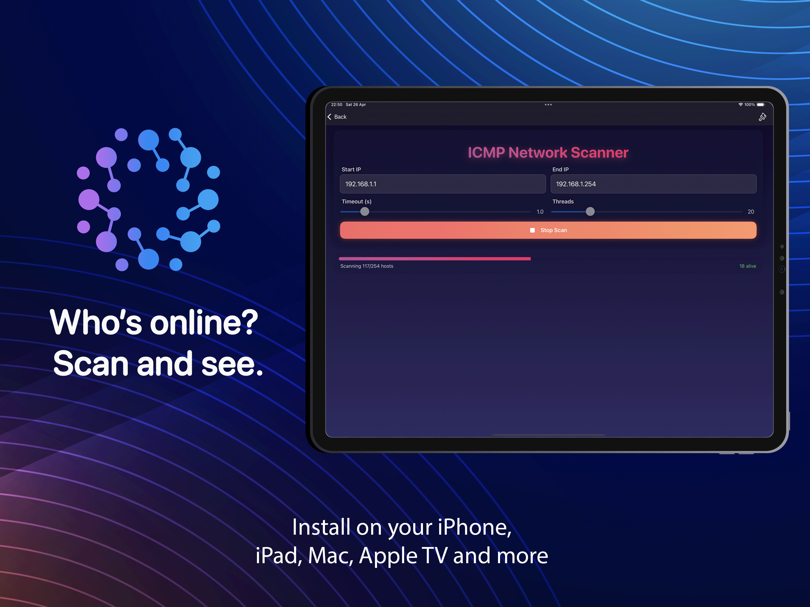 Real Network Utilities Scanner scanning on iPad