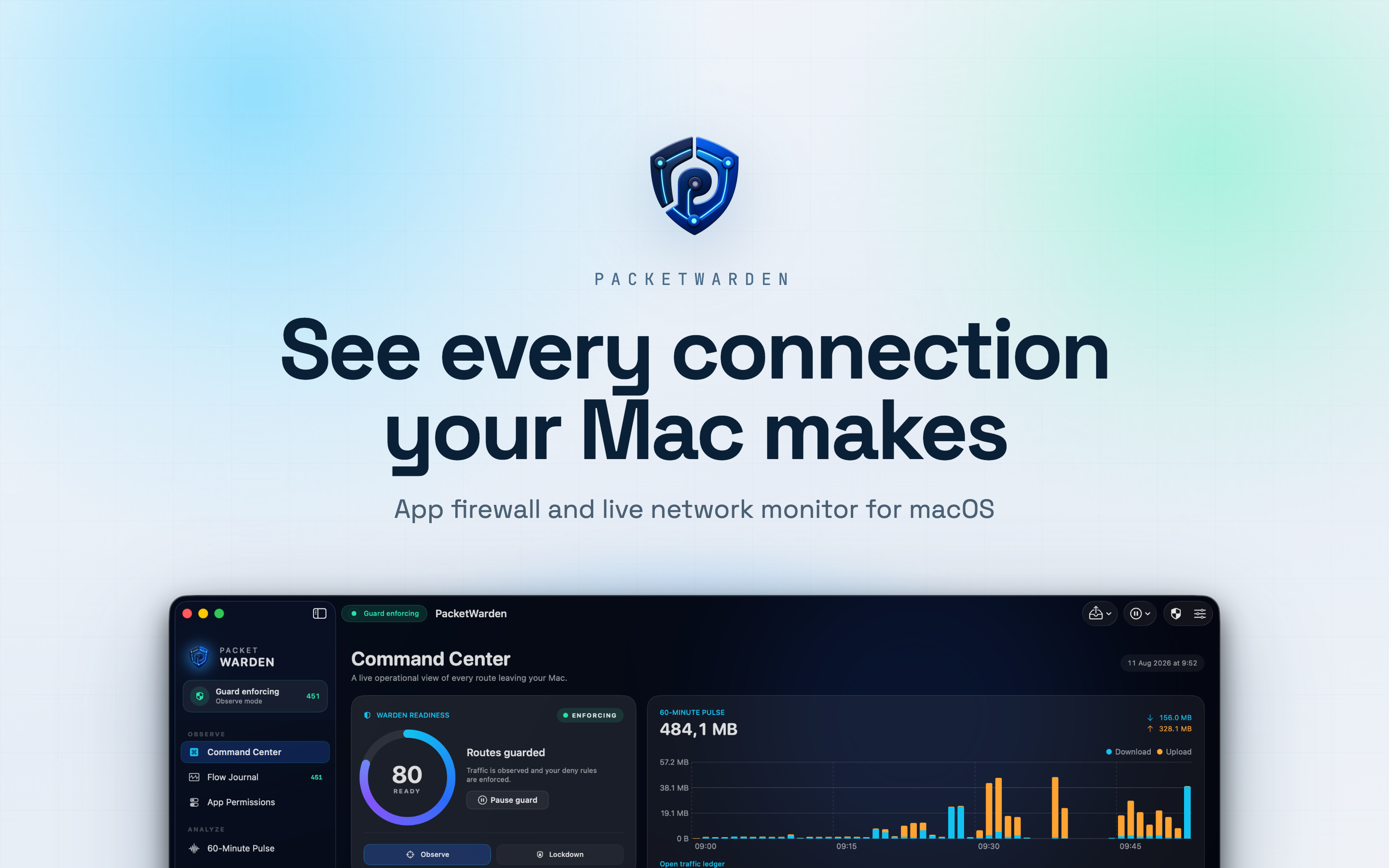 PacketWarden Command Center showing live outgoing connections on macOS
