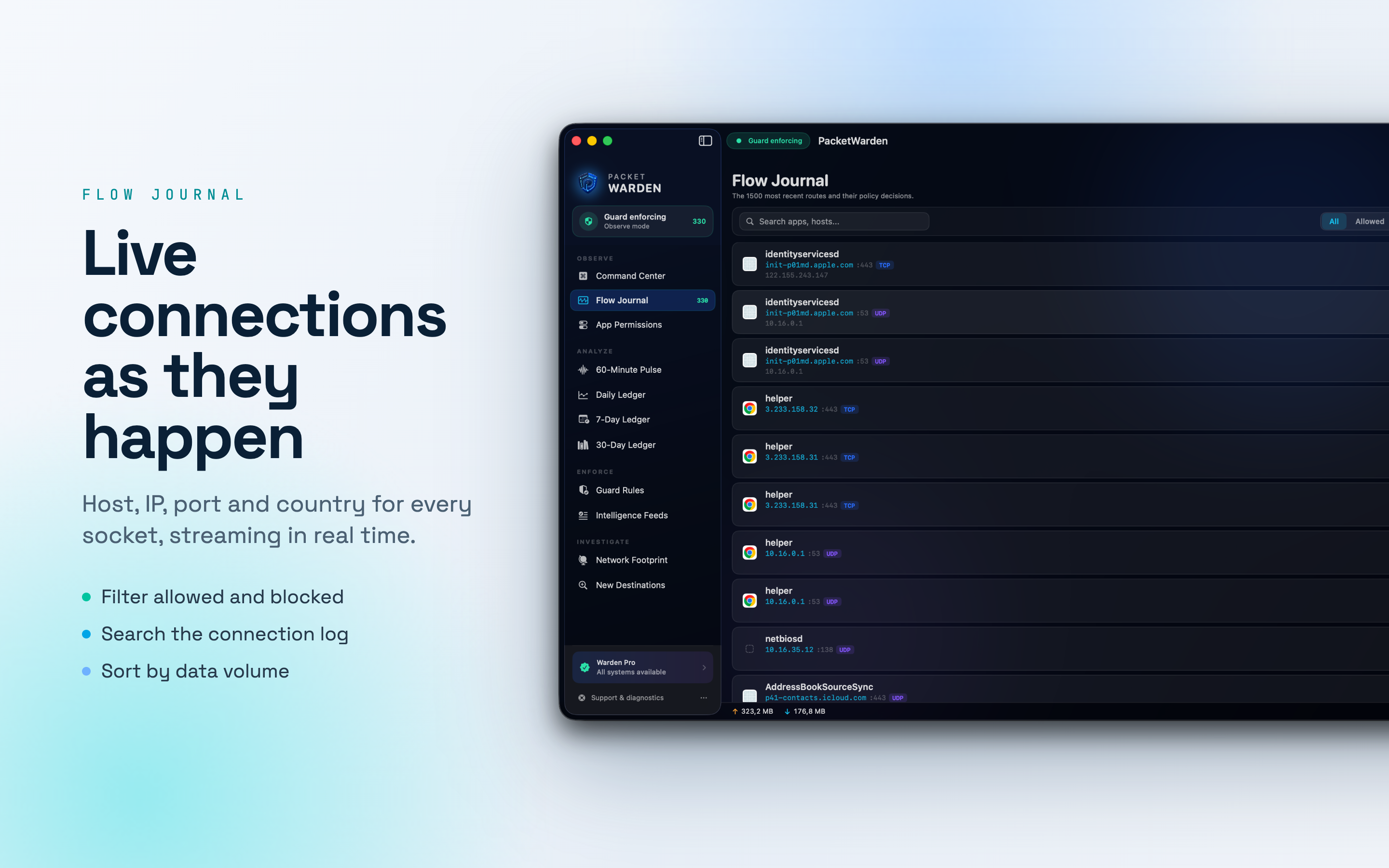PacketWarden Flow Journal listing live connections with host, IP, port and protocol