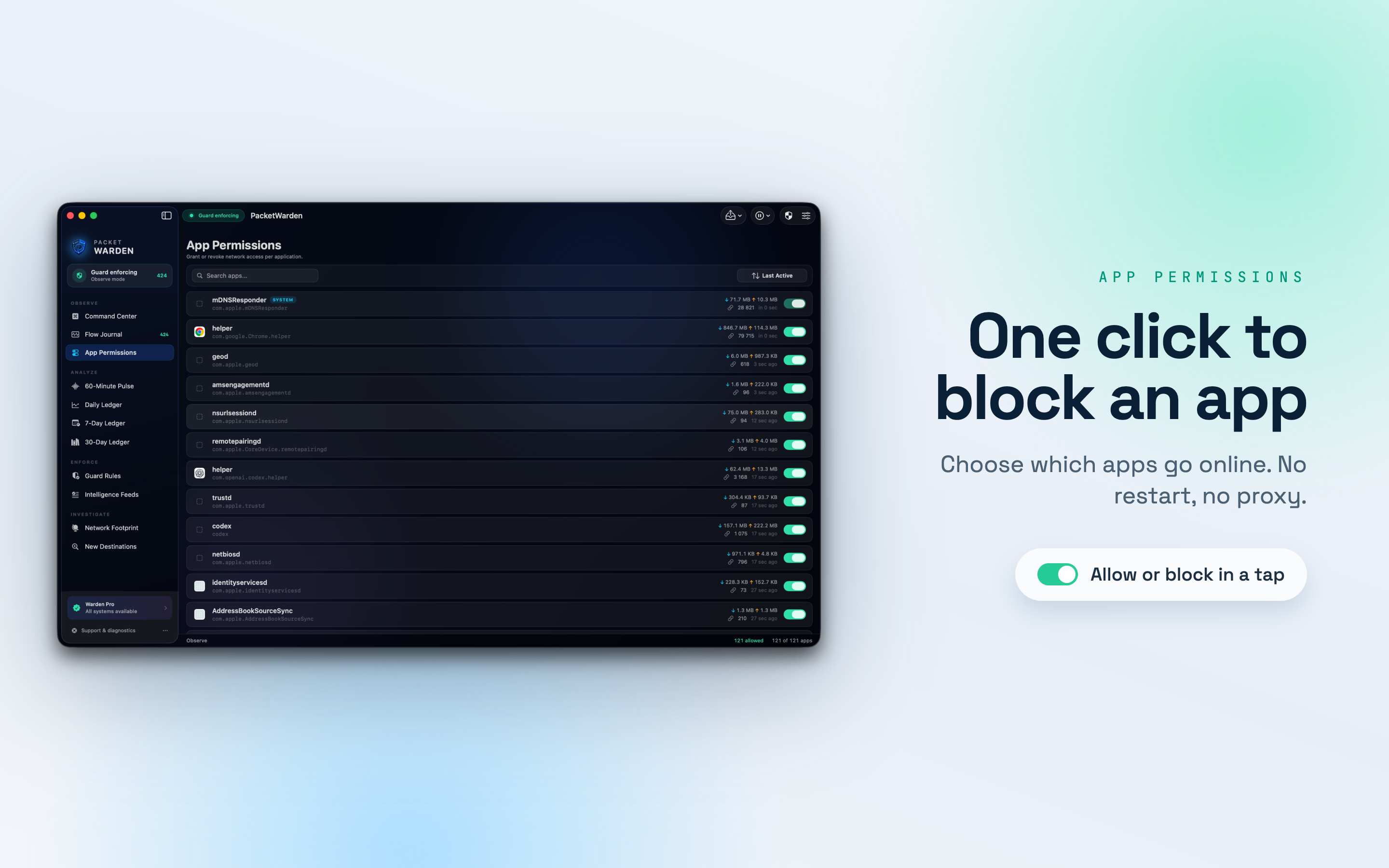 PacketWarden App Permissions list with a toggle to allow or block each app