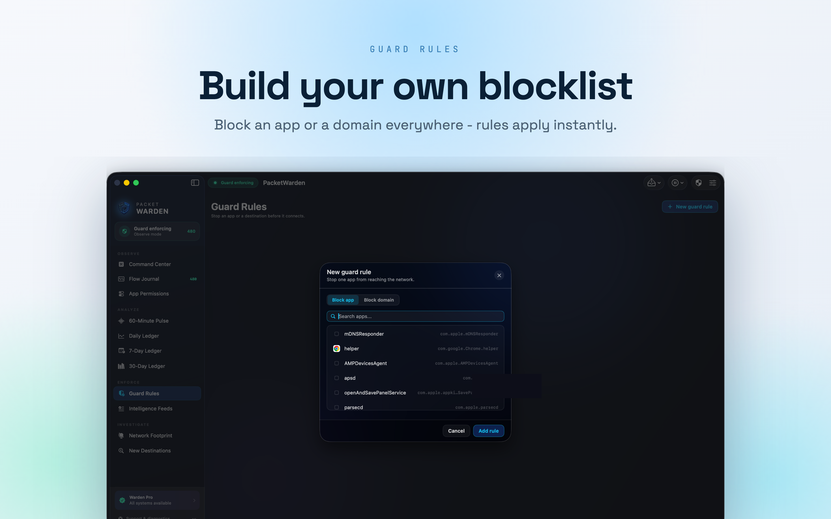 PacketWarden Guard Rules dialog for blocking an app or a domain