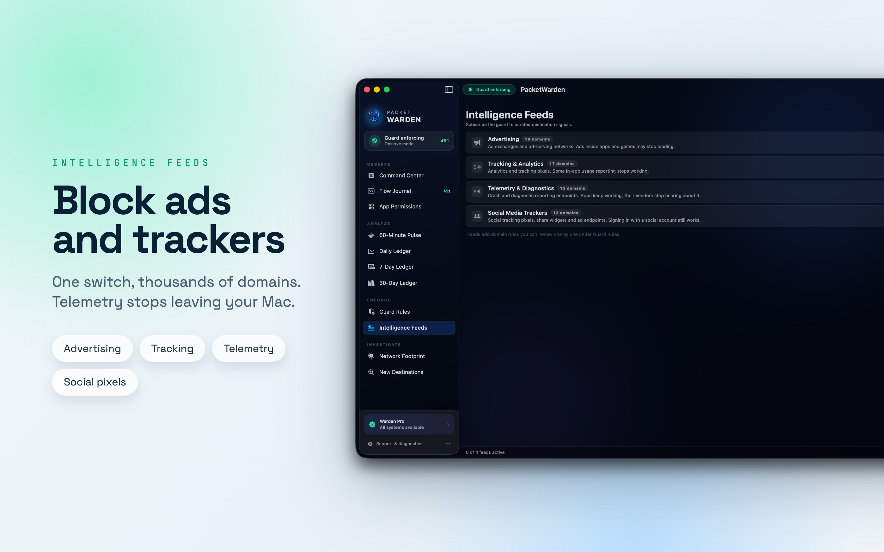 PacketWarden Intelligence Feeds with advertising, tracking, telemetry and social pixel lists