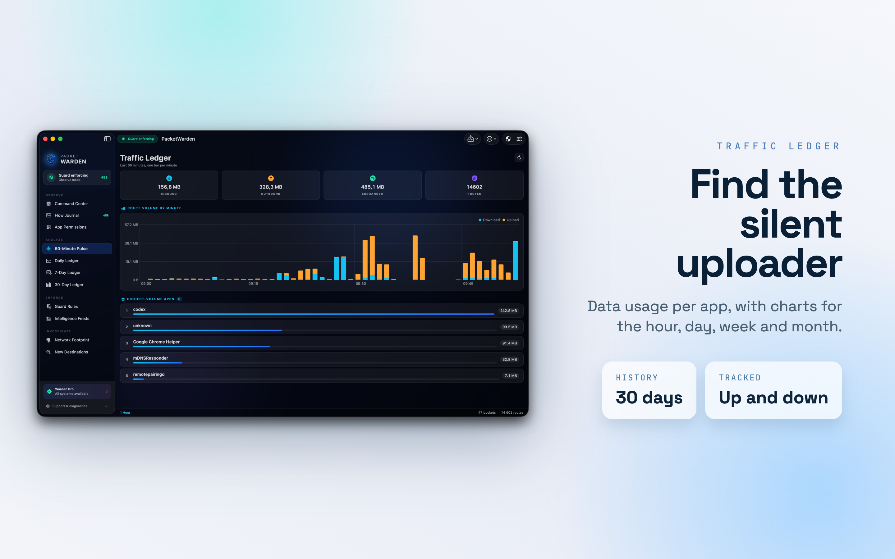PacketWarden traffic ledger charting data volume per app by the hour