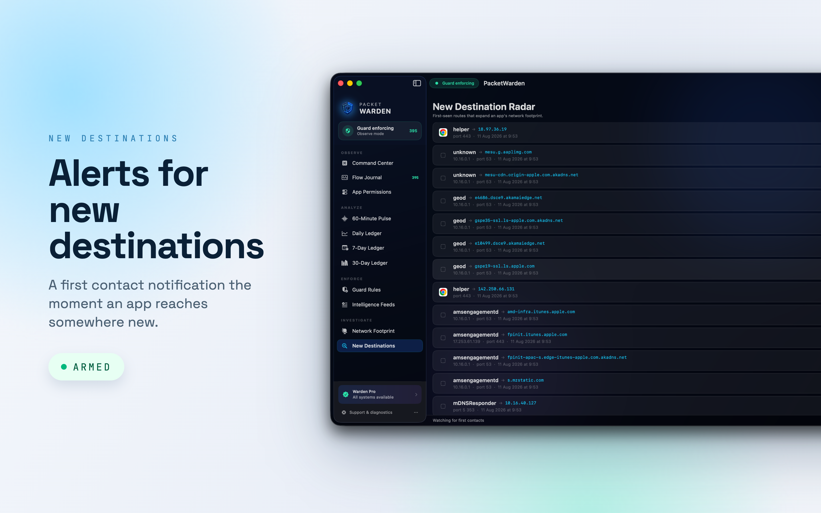 PacketWarden new destination radar listing first-seen hosts per app