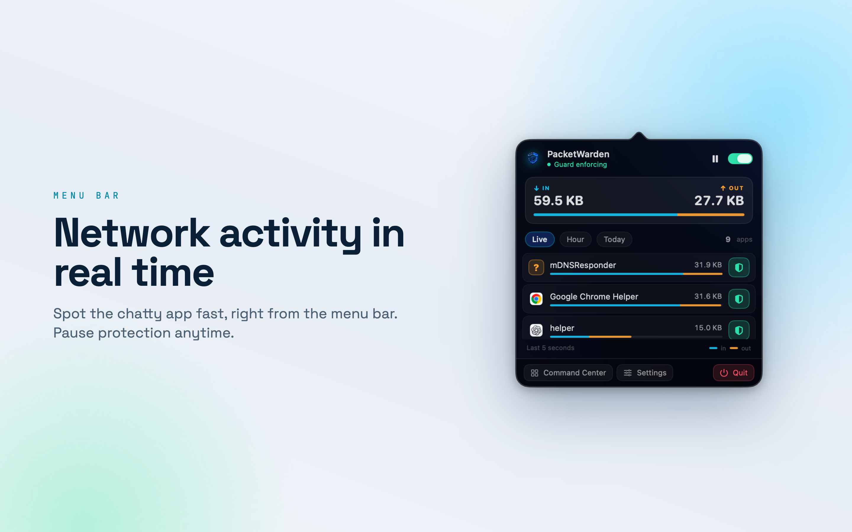 PacketWarden menu bar panel showing throughput per app