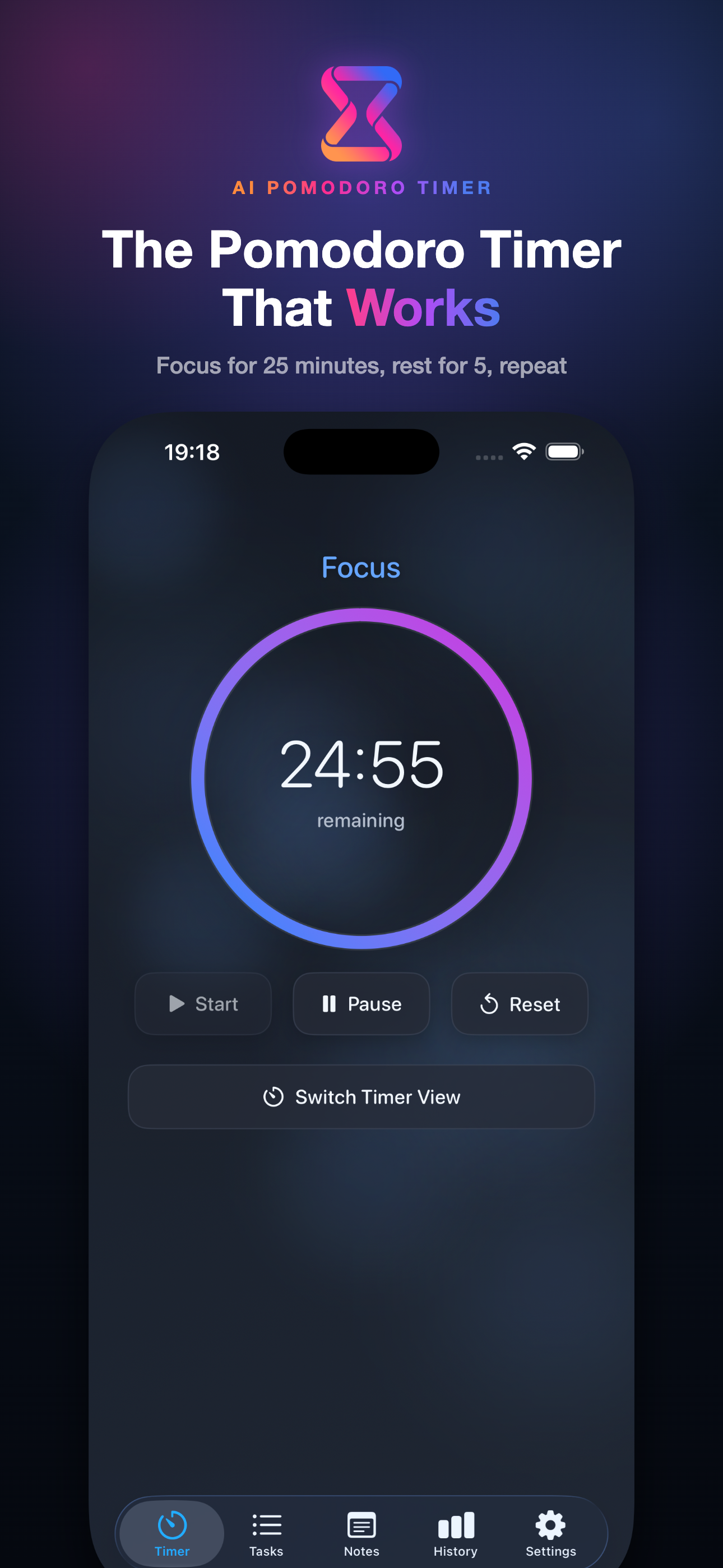 AI Pomodoro Timer focus screen on iPhone