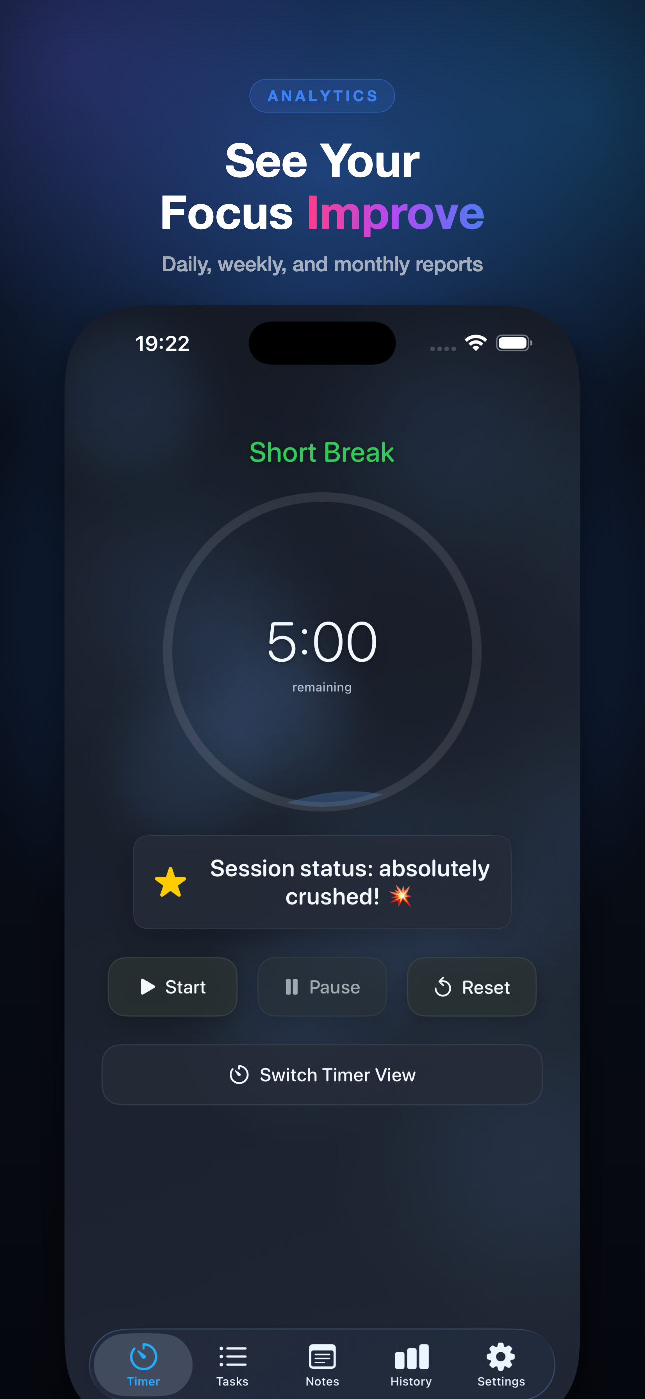 AI Pomodoro Timer analytics on iPhone