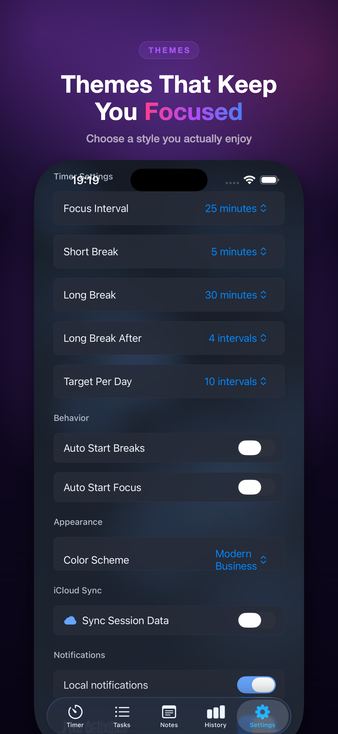 AI Pomodoro Timer themes on iPhone