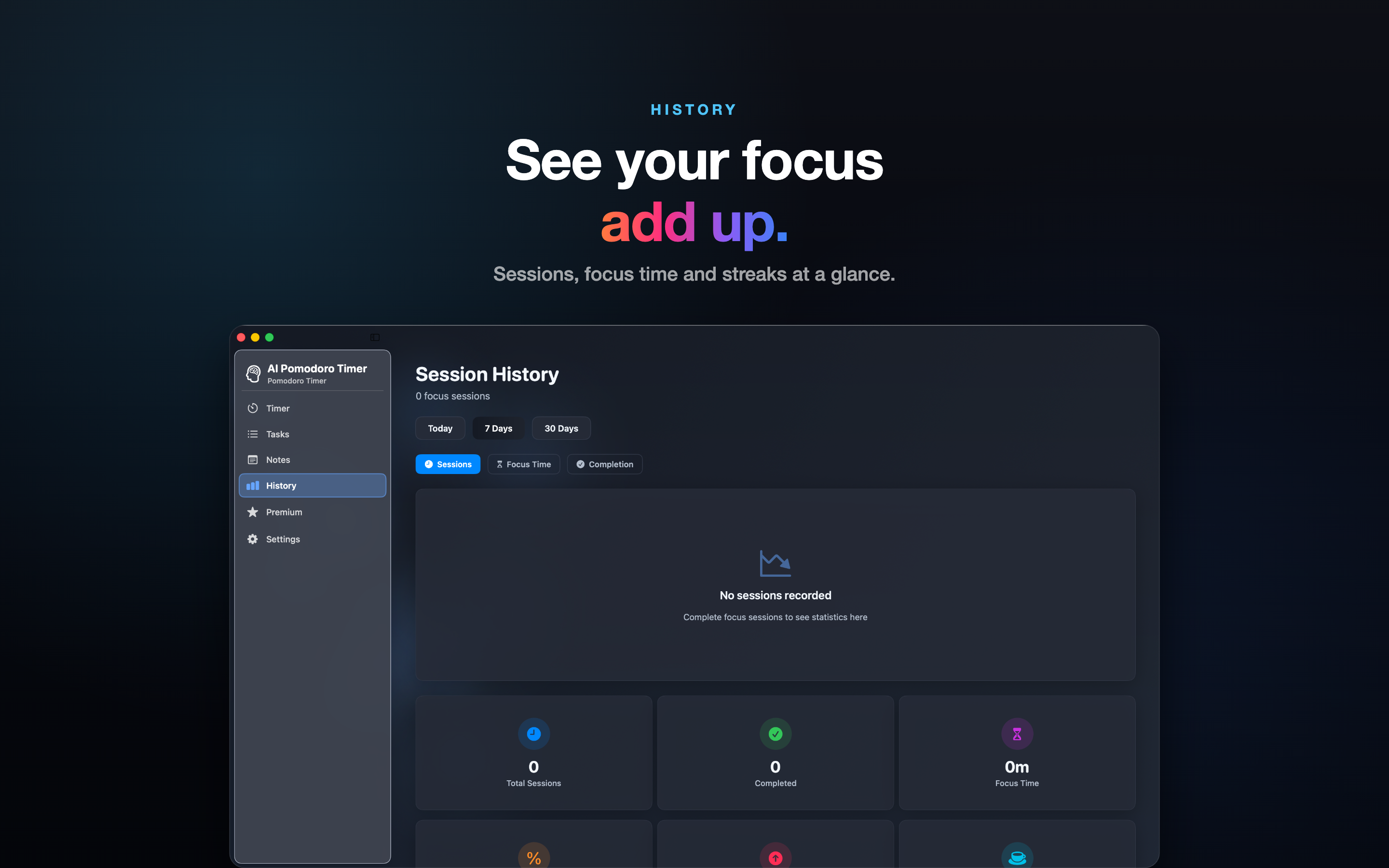 AI Pomodoro Timer focus analytics on macOS
