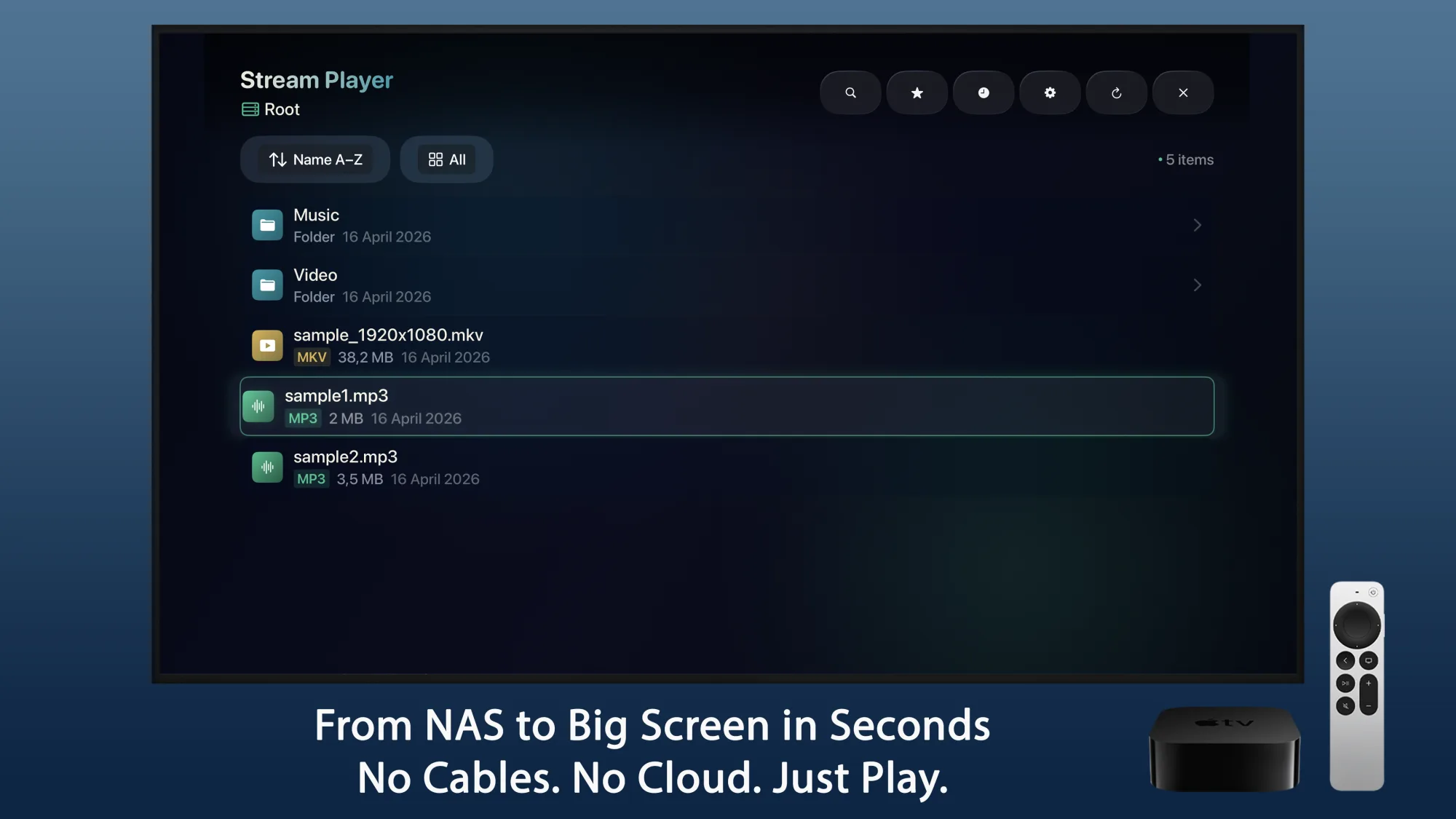 Stream Player browsing NAS files on Apple TV