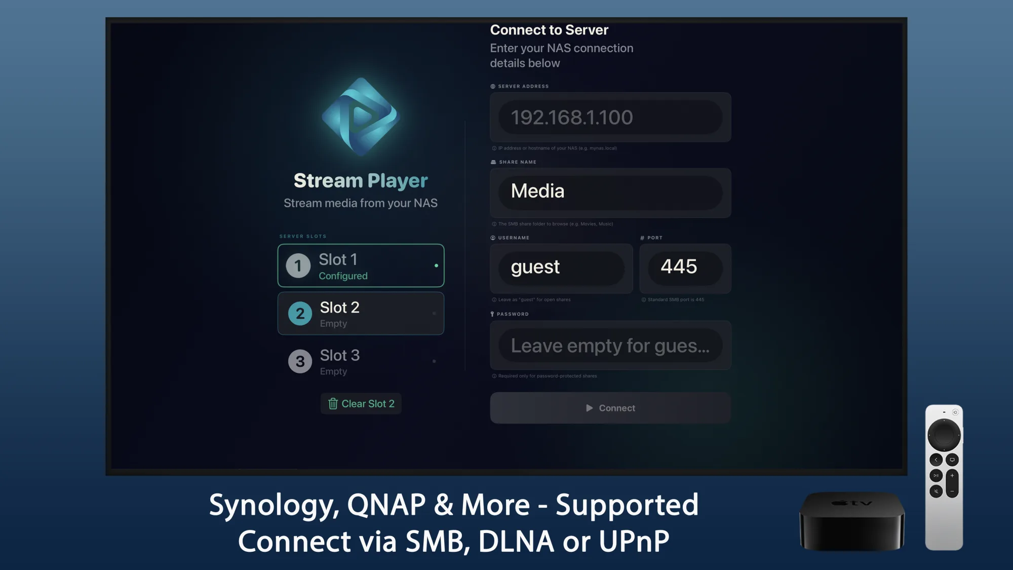 Stream Player connecting to a NAS server via SMB, DLNA or UPnP