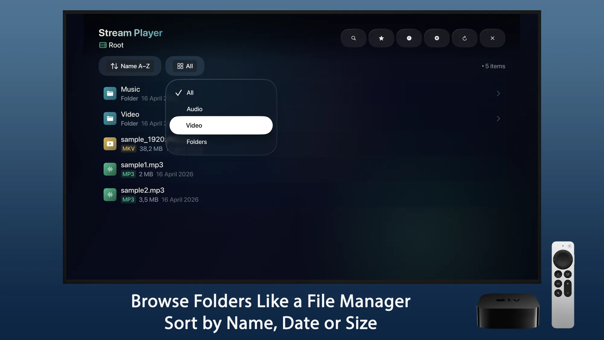Stream Player folder browsing and sorting on Apple TV
