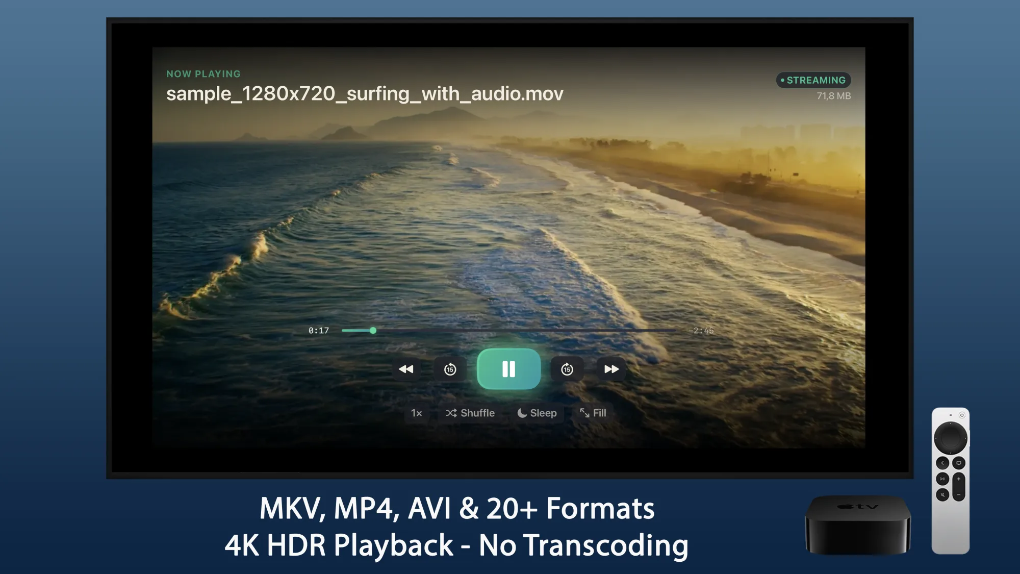 Stream Player playing 4K HDR video on Apple TV with no transcoding