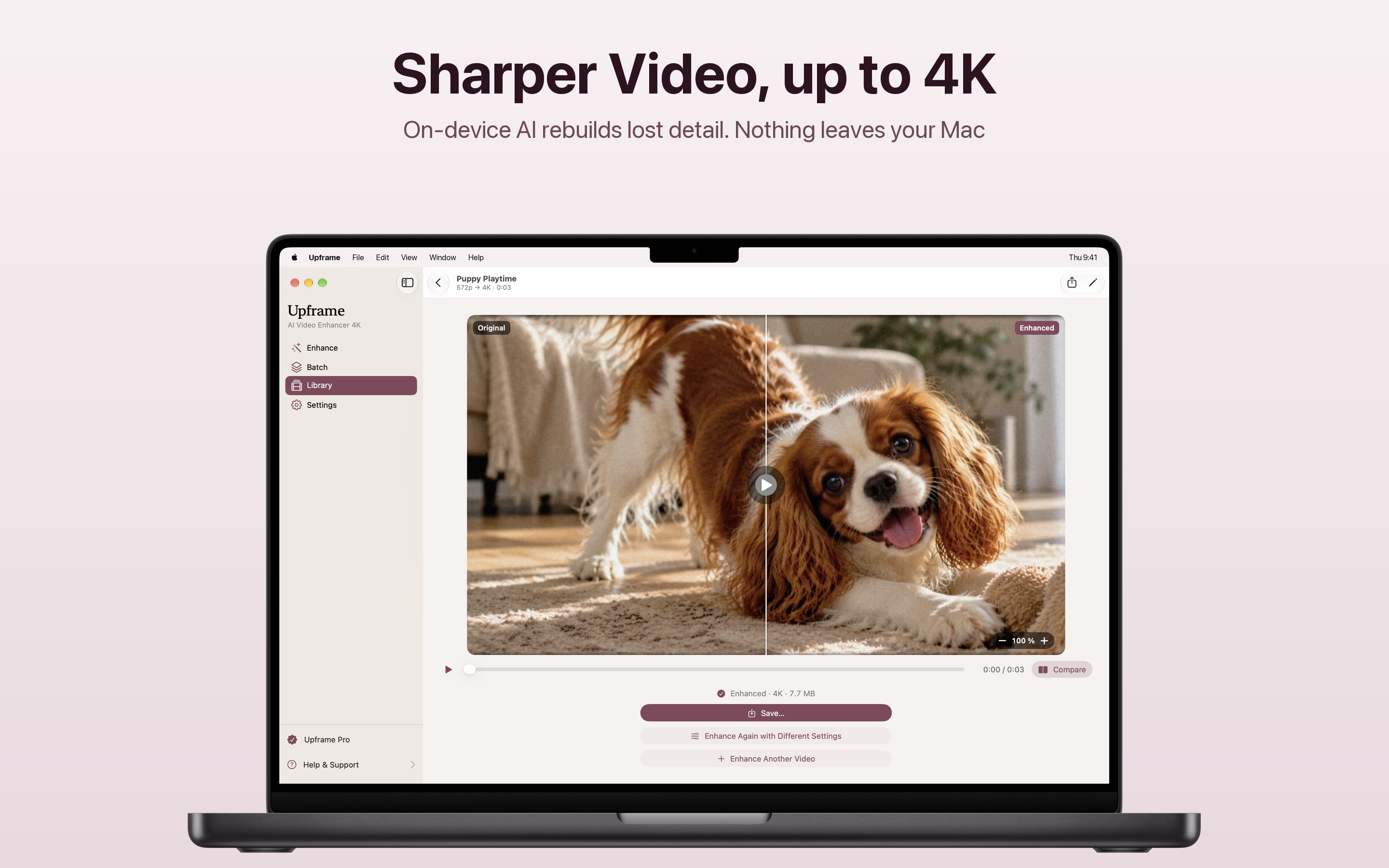 Upframe on a Mac comparing the original and the AI enhanced 4K version of a puppy video side by side