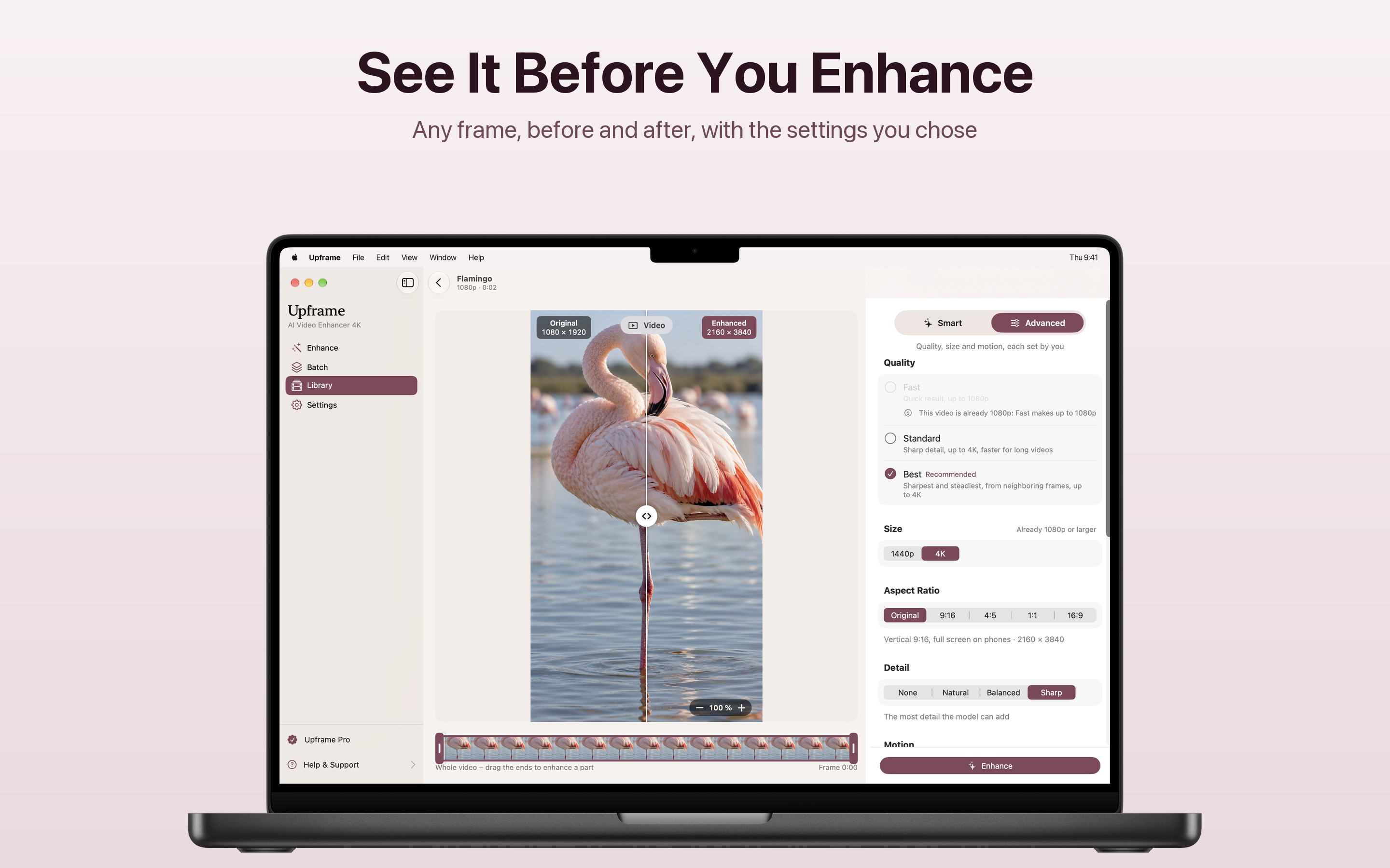 Upframe before and after slider on a flamingo video, original 1080 by 1920 next to enhanced 2160 by 3840