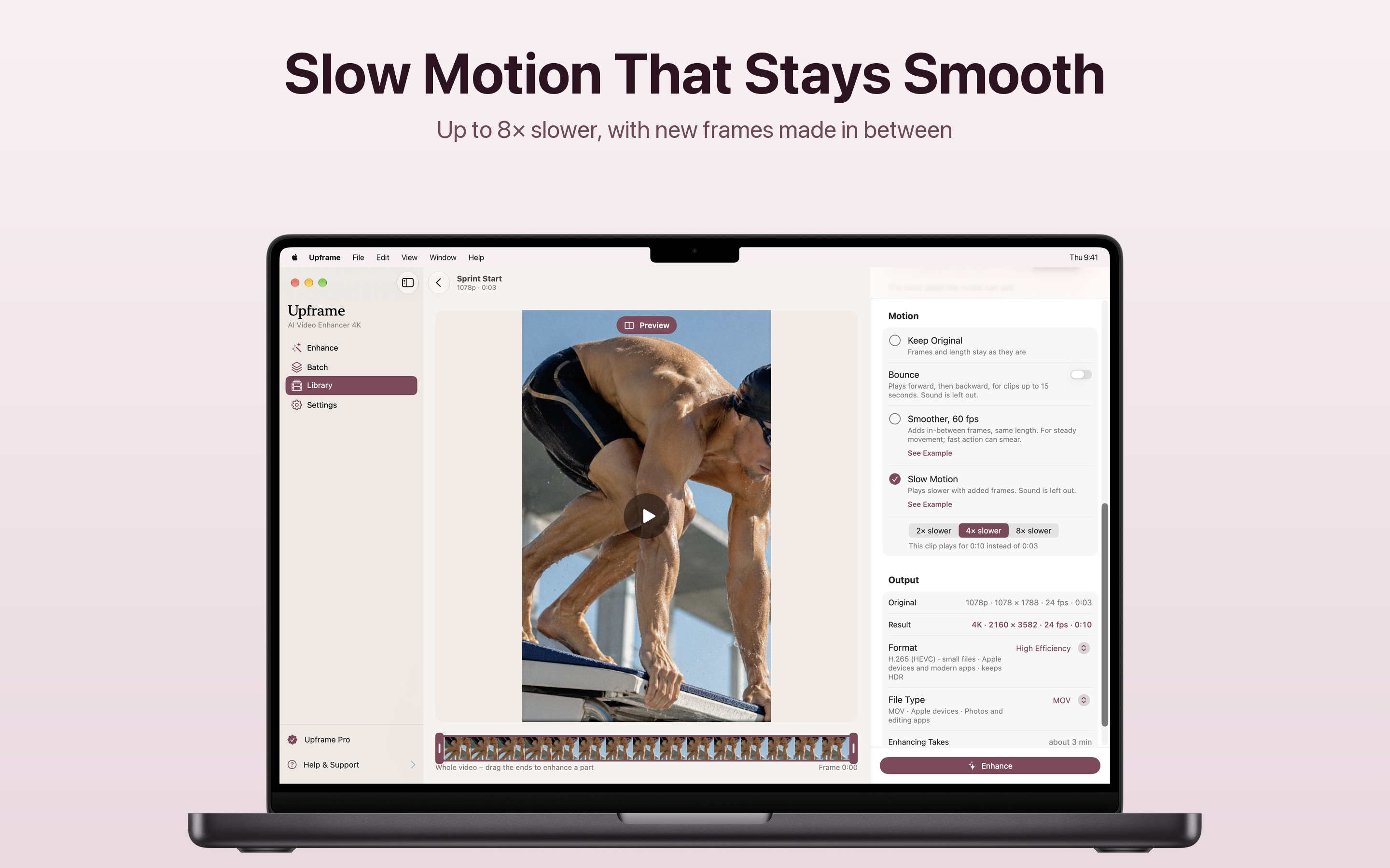 Upframe slow motion settings at 4 times slower on a swimmer's sprint start, with 2x, 4x and 8x options