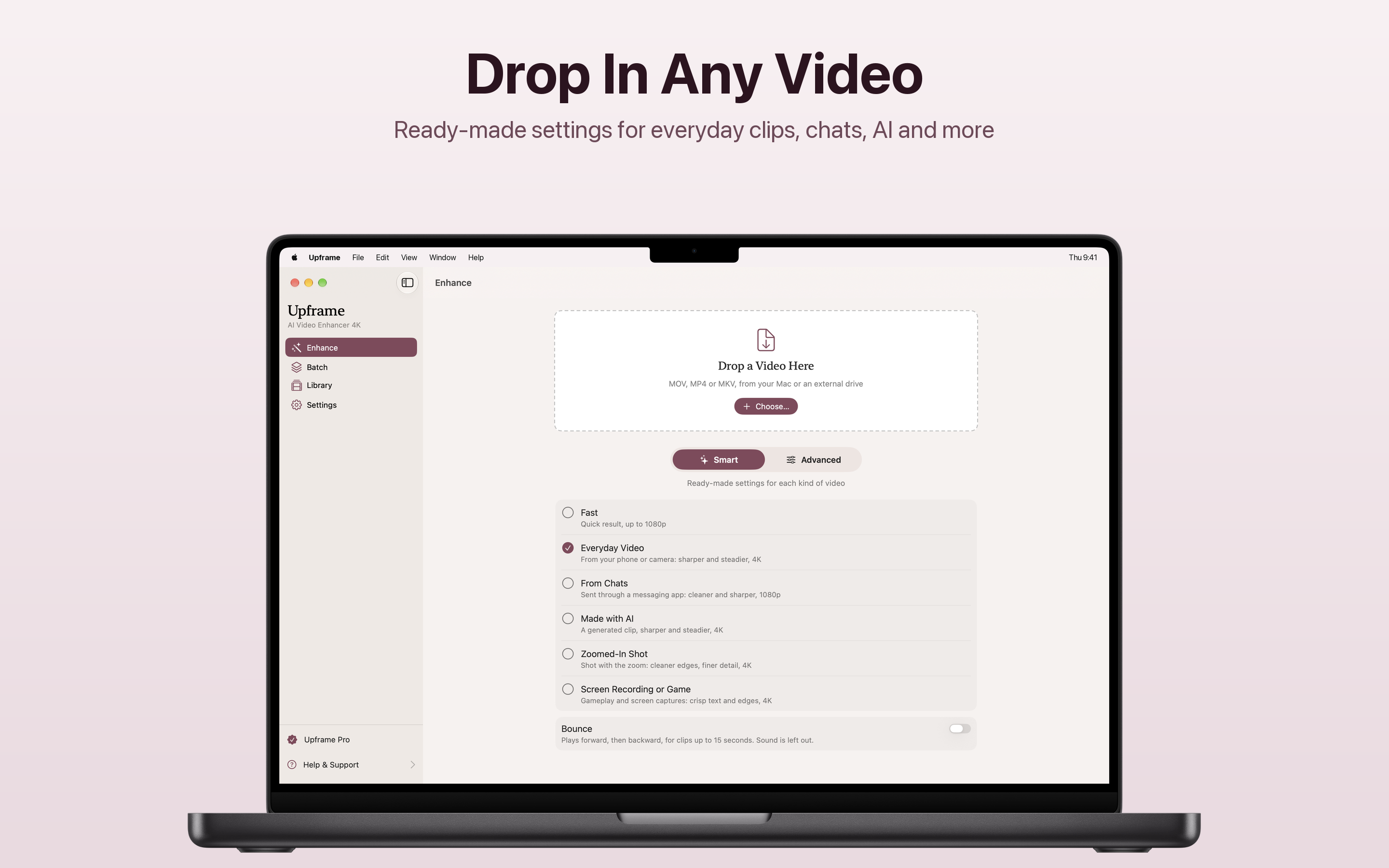 Upframe Smart mode with ready-made settings for everyday video, videos from chats, AI clips, zoomed-in shots and screen recordings