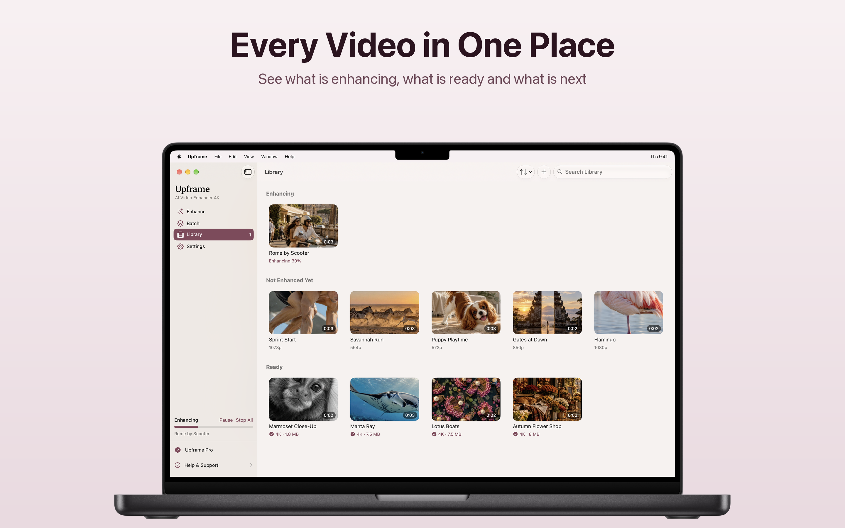 Upframe library with videos grouped as enhancing, not enhanced yet and ready