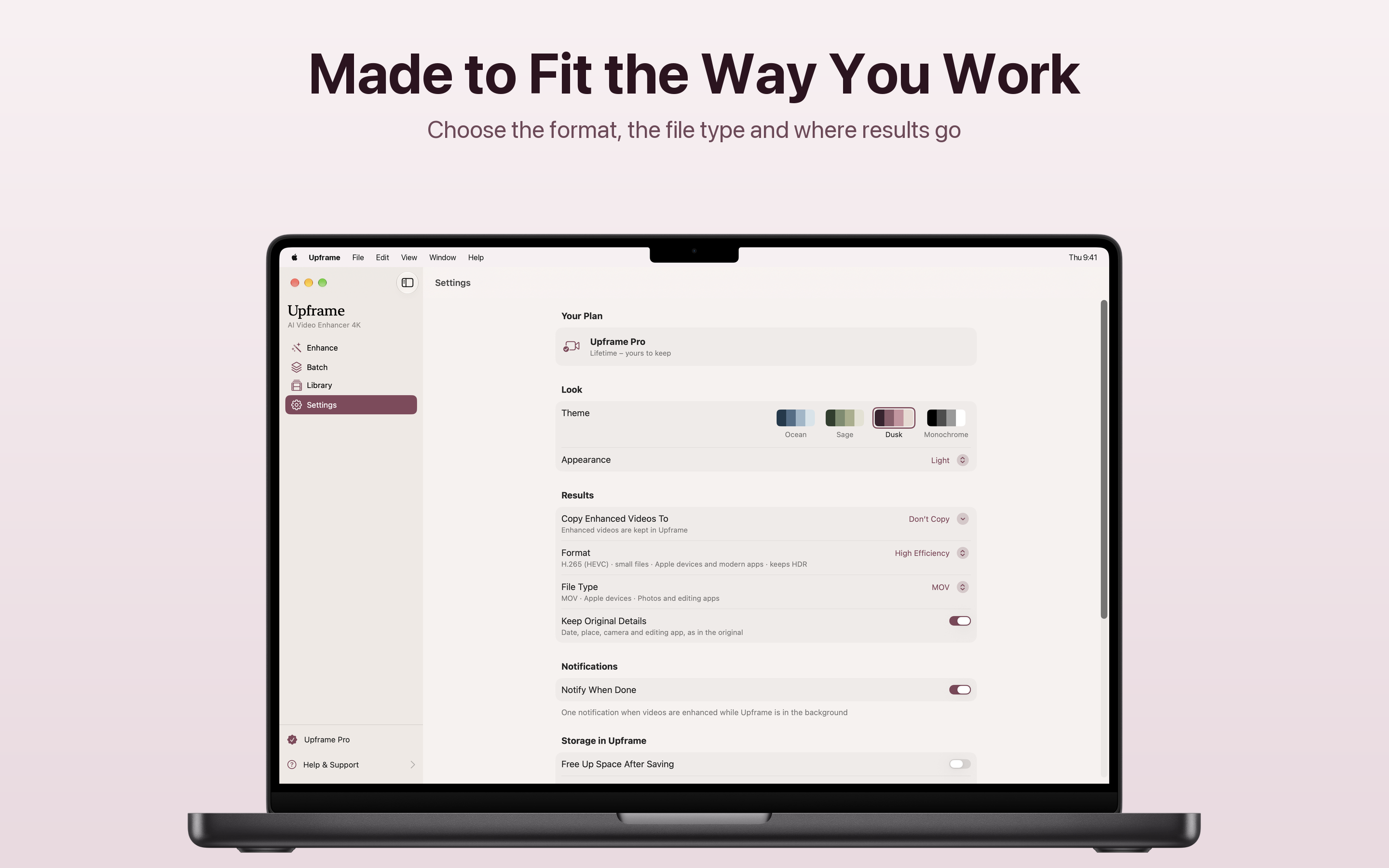 Upframe settings: themes, where enhanced videos go, output format, file type and keeping the original details